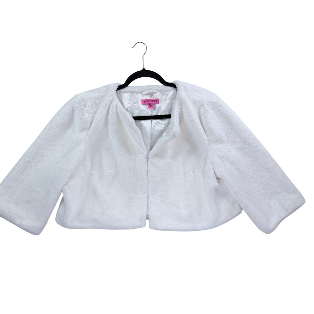 Betsey Johnson Faux Fur Bolero Jacket Womens Large White Excellent Cropped Shrug